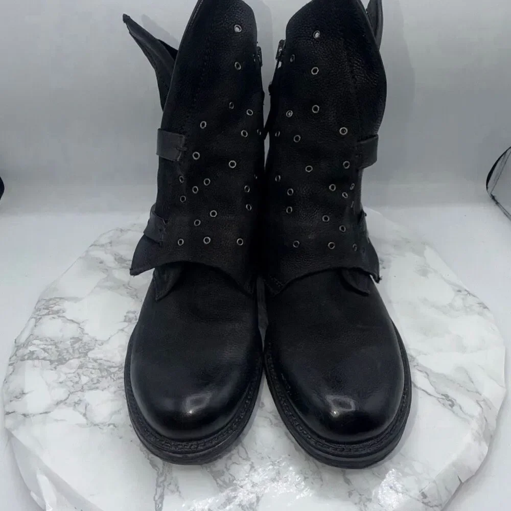 MJUS Black Leather Moto Biker Bootie-6.5